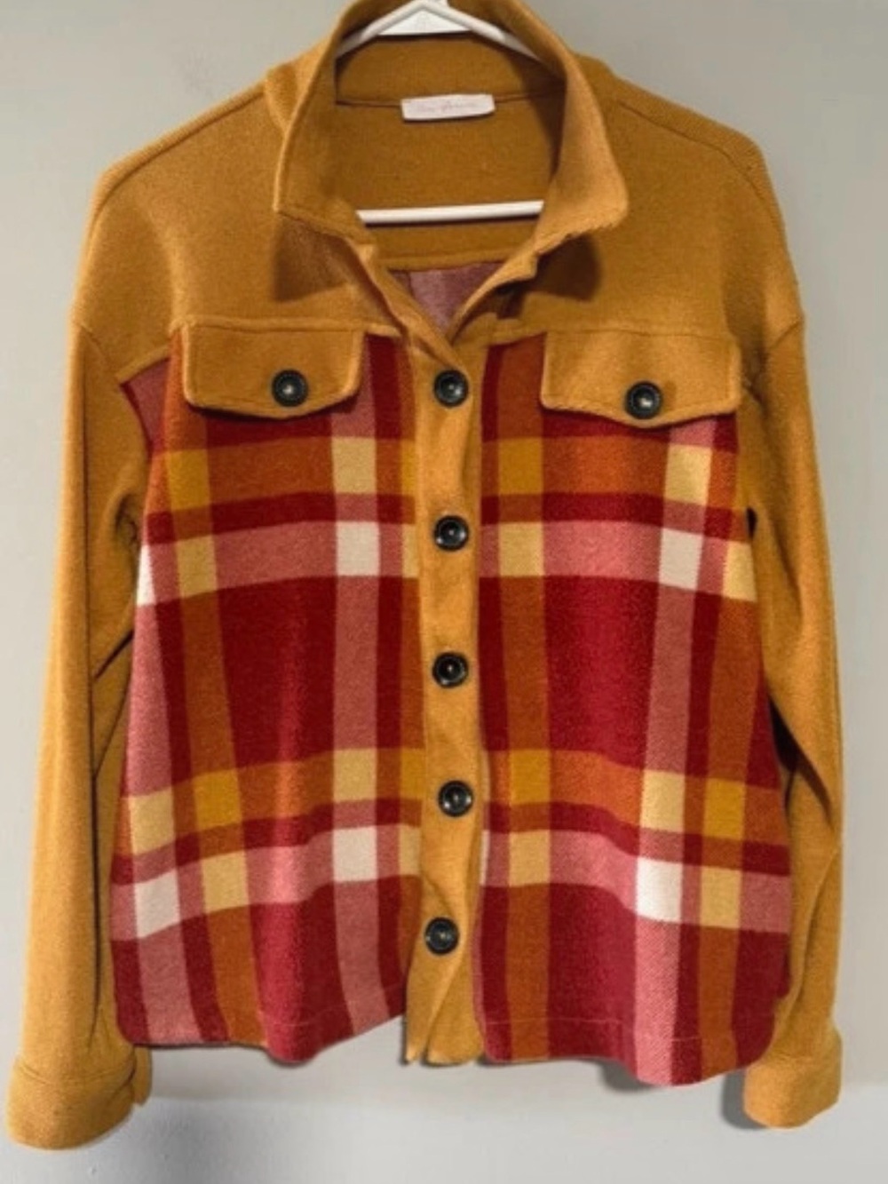 Ces Femme Plaid Utility Jacket in Mustard, Red & Pink
